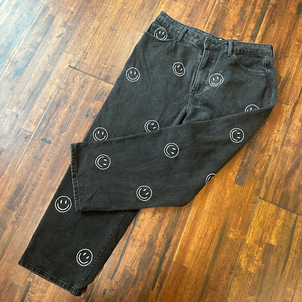 Men's Black Straight Jeans with White Smiley Print
